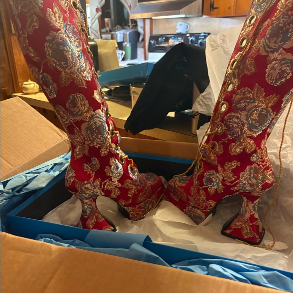 John Fluevog Red Brocade Lace-Up Heeled Boots - Picture 3 of 12